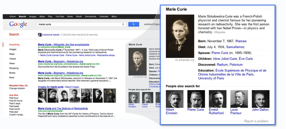 Knowledge Graph example - Marie Curie via Google